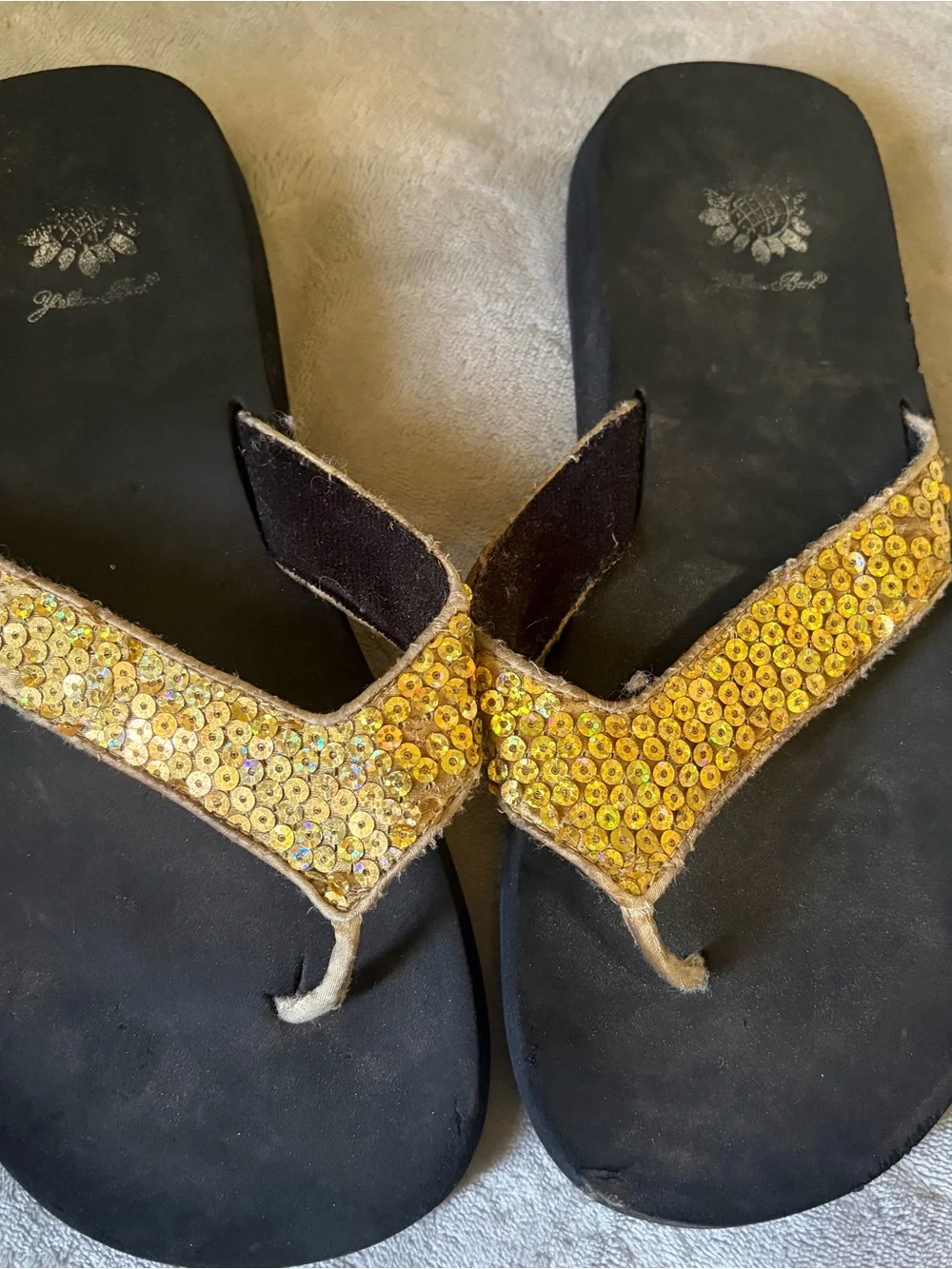 Yellow Box Black Sandals with Gold Sequin Straps - Picture 2 of 5